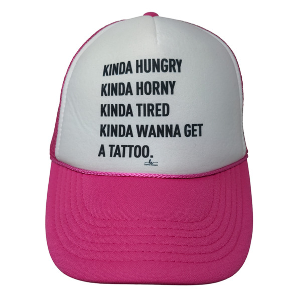 Nissun Womens Snapback Mesh Back Hat White Pink Graphic Kinda Hungry Kinda Tired - Picture 1 of 11